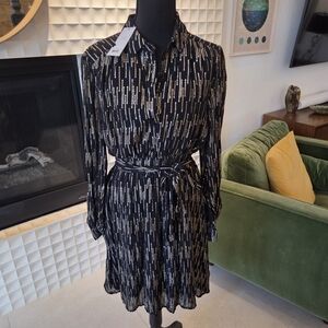 NWT Lipsy London Metallic Stripe Shirt Dress Black, Gold, Silver - Size 6